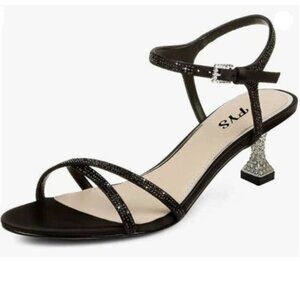 FYS Women Open Toe Sandals Glitter Strappy Kitten Mid Heels Rhinestone Studded